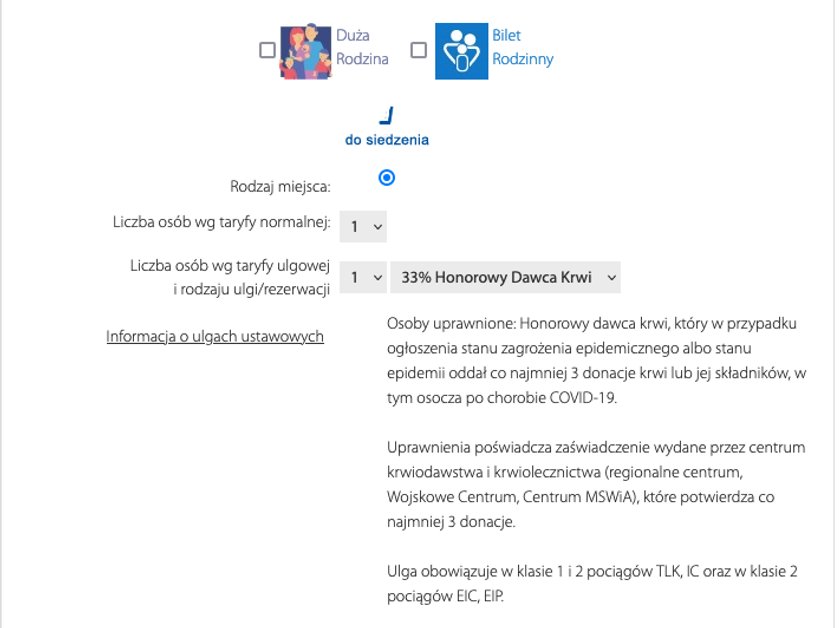 Krwiodawcy mogą liczyć na 33 proc. ulgę na bilety kolejowe.