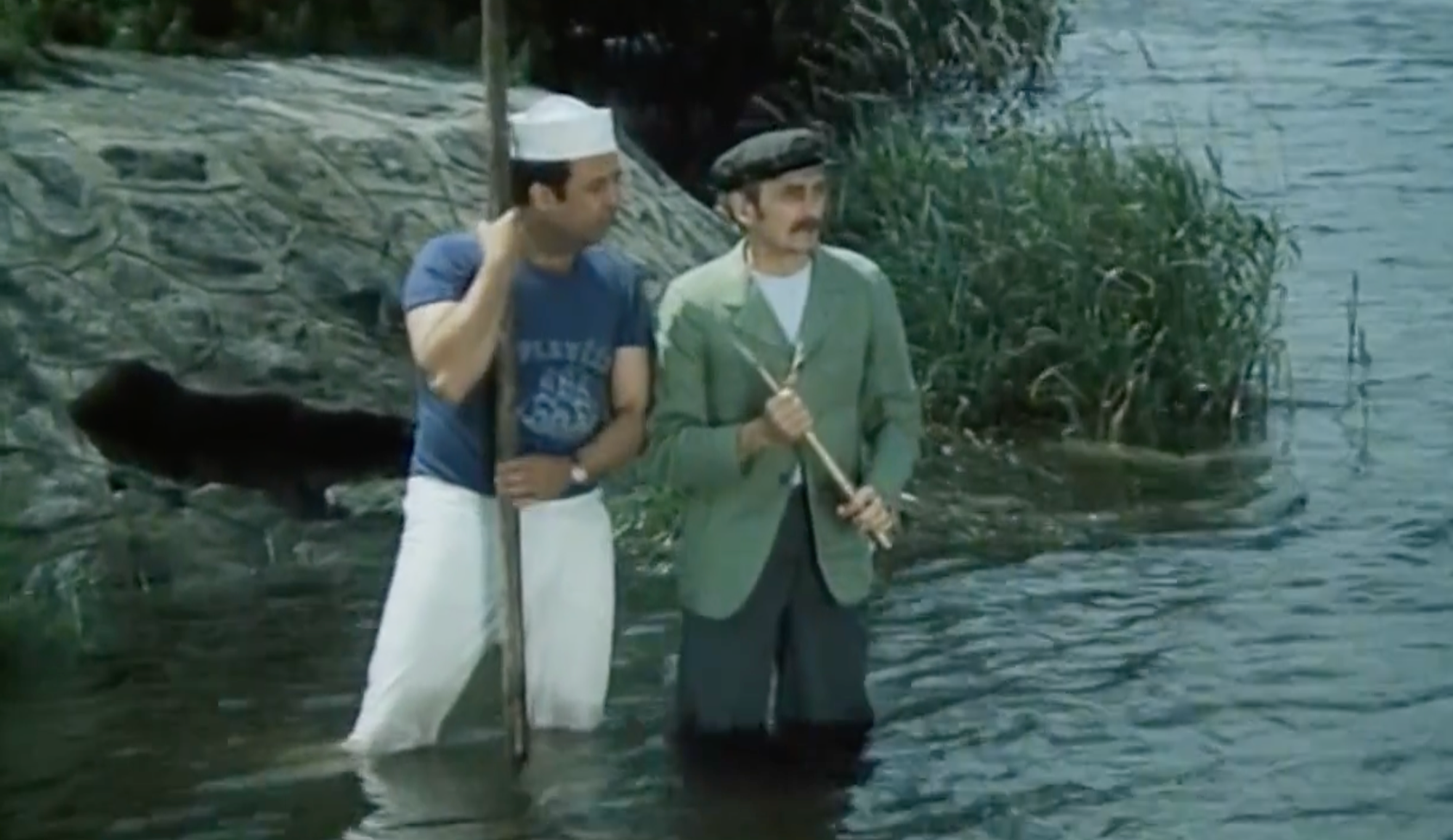 Vladimír Menšík a Zdeněk Řehoř vo filme Ako utopiť dr. Mráčka alebo Koniec vodníkov v Čechách.