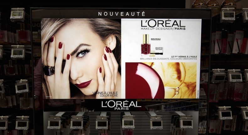 A cosmetic display of French cosmetics group L'Oreal is seen at an Auchan supermarket in Nice, France, on March 14, 2016.