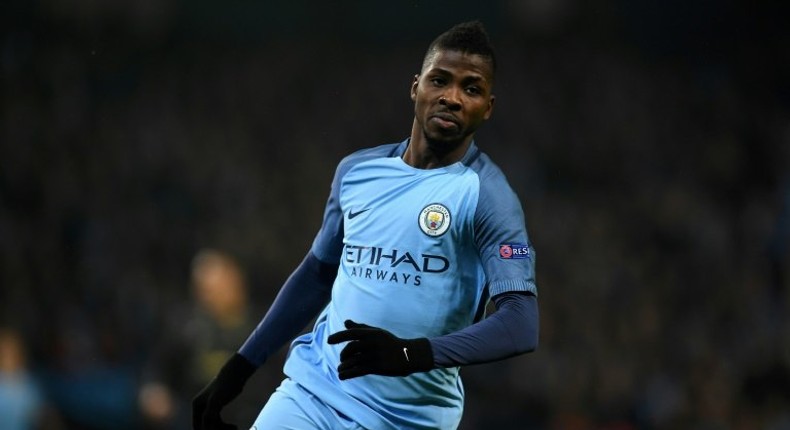 Manchester City's striker Kelechi Iheanacho celebrates scoring his team's first goal during the UEFA Champions League group C football match between Manchester City and Celtic at the Etihad Stadium in Manchester, northern England, on December 6, 2016