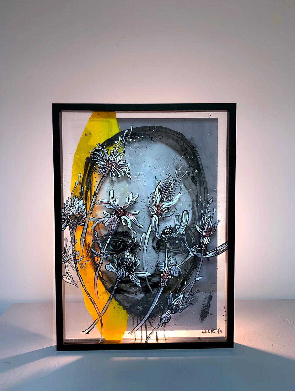 Vladimir Lalic Lice u cveću - tuš, ofset boja i papir na pleksiglasu - 50x70 - 2019  