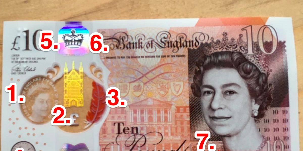 The £10's new security features (not pictured is number 8, which is on the reverse of the note.)