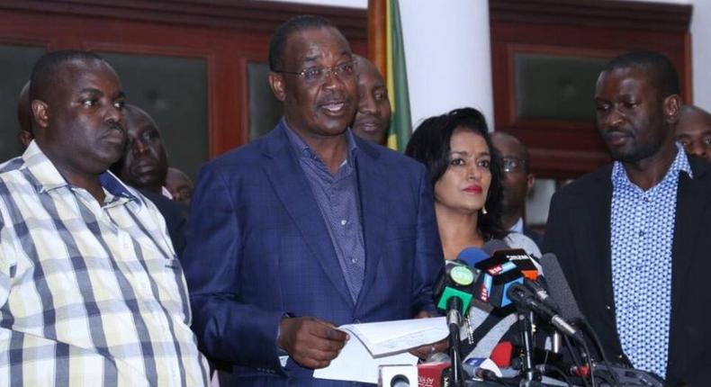 NASA Team Nairobi members George Aladwa, Evans Kidero and Esther Passaris addressing journalists at City Hall  during a past press conference.