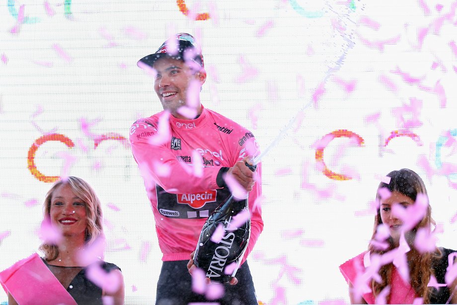 Dumoulin got to wear the first maglia rosa, the leader's pink jersey.