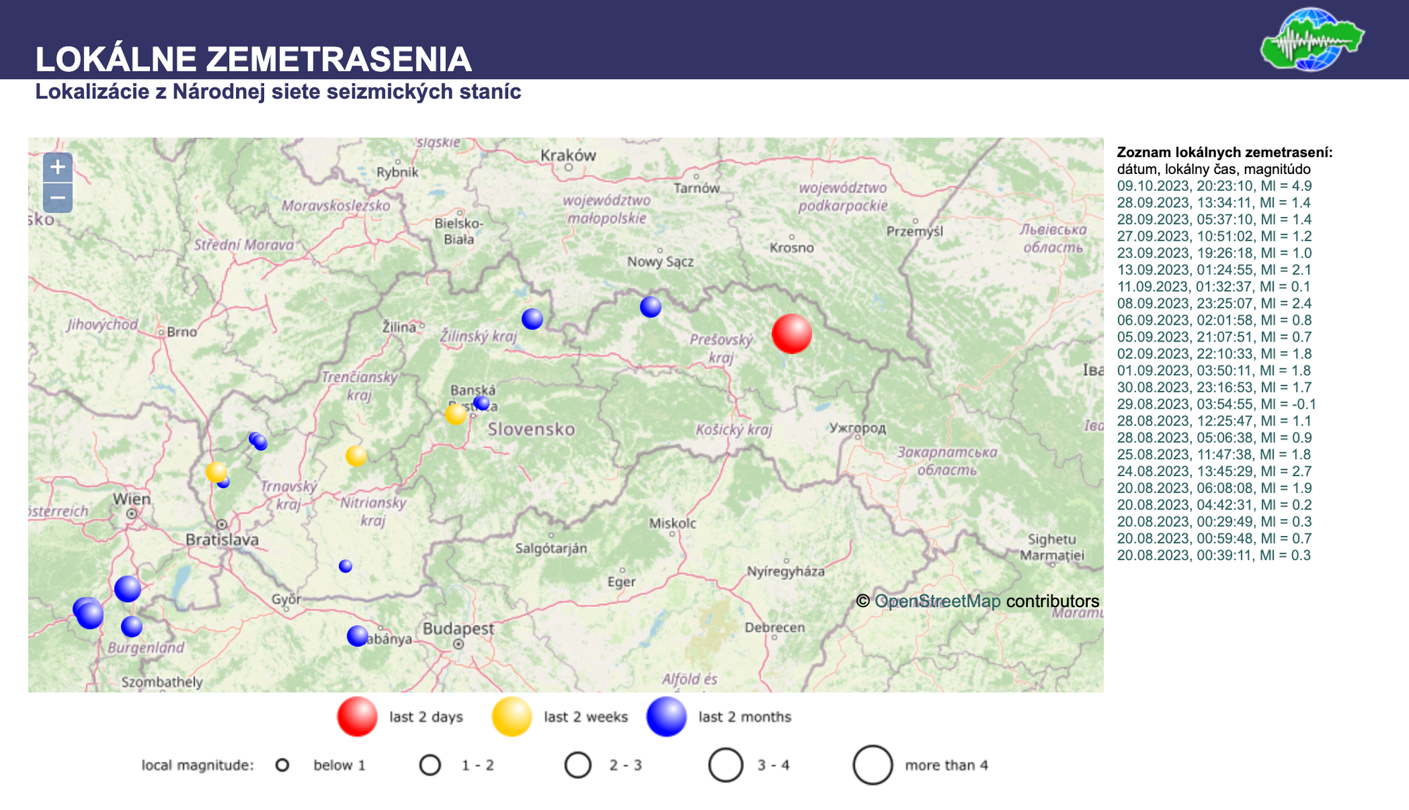 Lokalizácie z Národnej siete seizmických staníc od 20. augusta 2023.