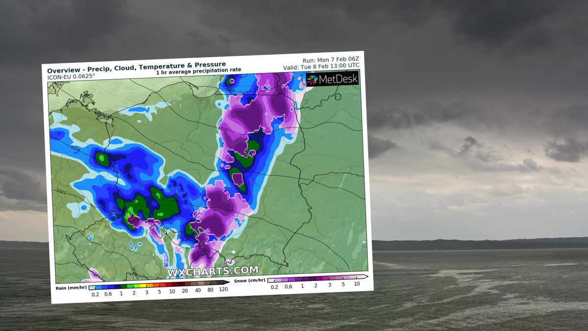 Prognoza pogody na wtorek, 8 lutego. Front przyniesie dużo opadów i wiatr