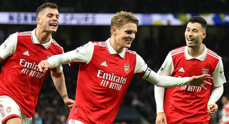 Arsenal's Martin Odegaard celebrates after scoring their second goal