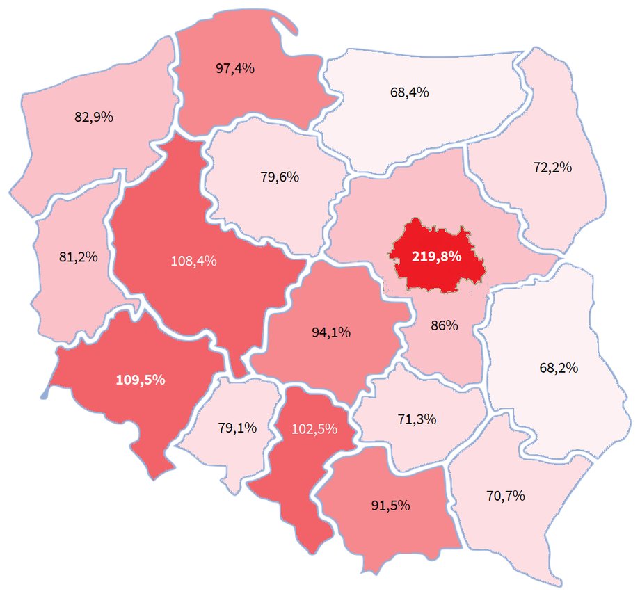 Mapa regionów pod względem PKB na mieszkańca. Źródło danych: GUS