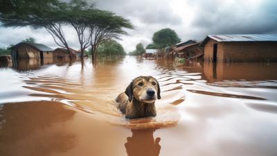 A realistic scene depicting a dog swimming through flood water [Image Credit: DALL·E A]