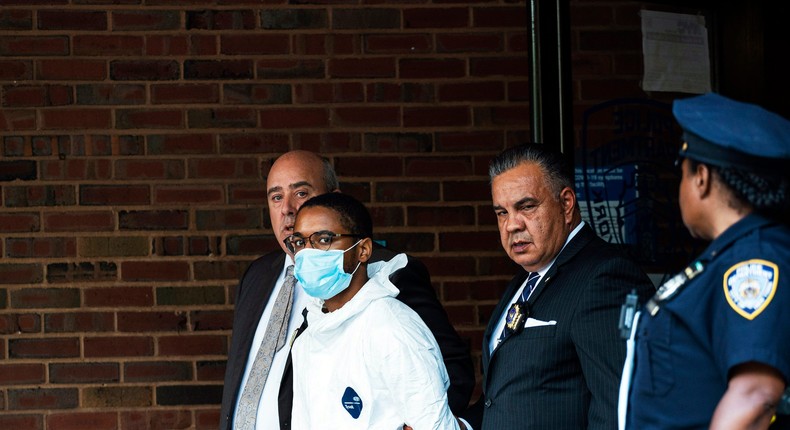 Tyrese Haspil being escorted out of the 7th precinct by NYPD detectives on July 17, 2020 in New York City.AP Photo/Eduardo Munoz Alvarez