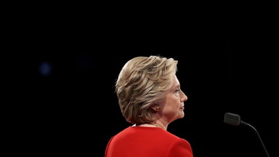 Democratic U.S. presidential nominee Hillary Clinton pauses during the first presidential debate wit