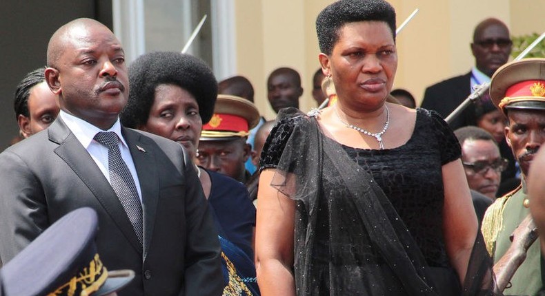 Burundi's President Pierre Nkurunziza and First Lady Denise Nkurunziza stand during the ceremony in tribute of the former late President Colonel Jean-Baptiste Bagaza at the national congress palace in Bujumbura, Burundi May 16, 2016. 