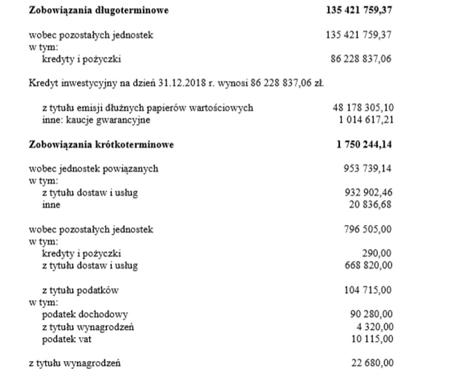 Fragment sprawozdania finansowego spółki Senatorska Investment za rok 2018.