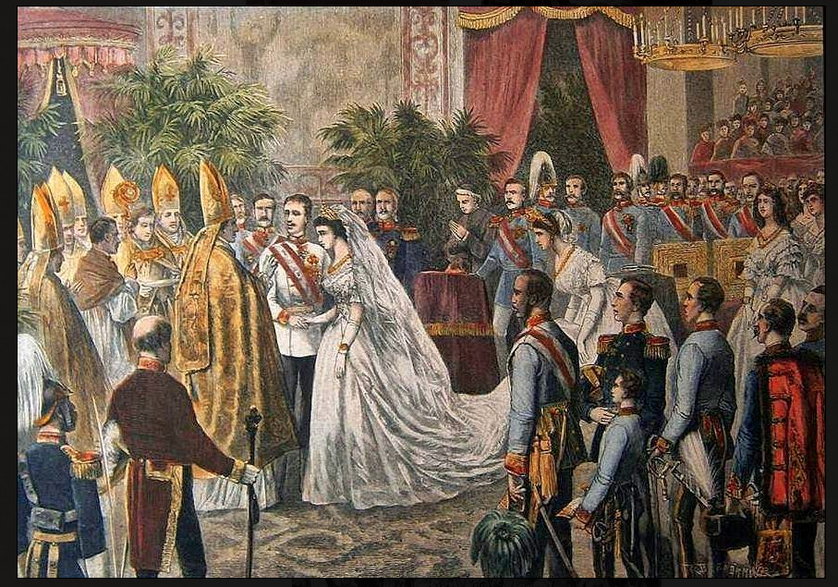  Ślub Elżbiety i Franciszka Józefa I odbył się 24 kwietnia 1854 r. w kościele św. Augustyna w Wiedniu (domena publiczna).