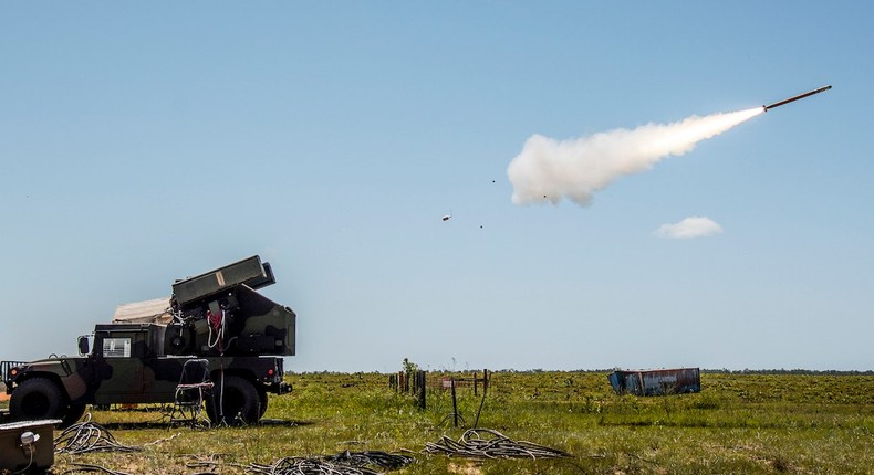 An FIM-92 Stinger missile is fired from an Army Avenger vehicle at the Eglin Air Force Base range, April 20, 2017.