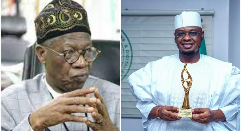 L-R: Minister for Information, Lai Mohammed and Minister for Communications and Digital Economy, Issa Pantami, with his award for outstanding minister. (TBD)