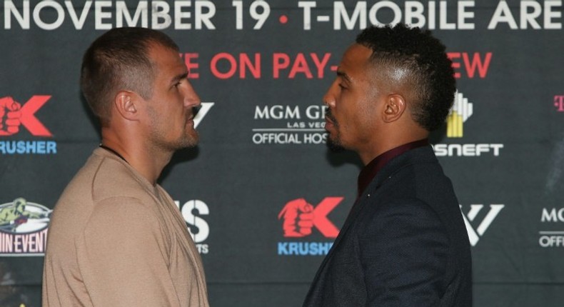 Sergey Kovalev (L) and Andre Ward (R) face off during the press conference for the Kovalev v Ward Pound for Pound bout at Le Parker Meridien on September 6, 2016 in New York City