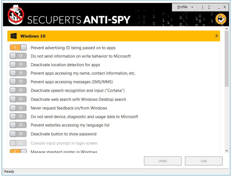 Główne okno programu do ochrony prywatności w Windows 10 - SecuPerts Anti-Spy for Windows 10