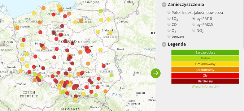 Stężenie pyłu PM10 - stan 2017-02-16 od godziny 08:00 do 09:00