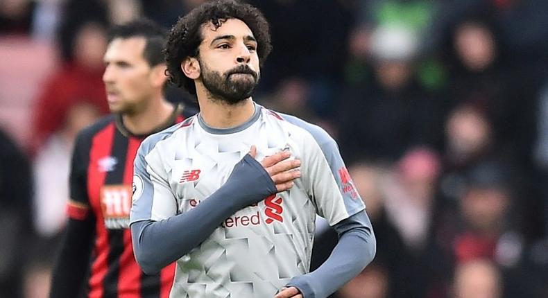 Liverpool forward Mohamed Salah celebrates after scoring against Bournemouth