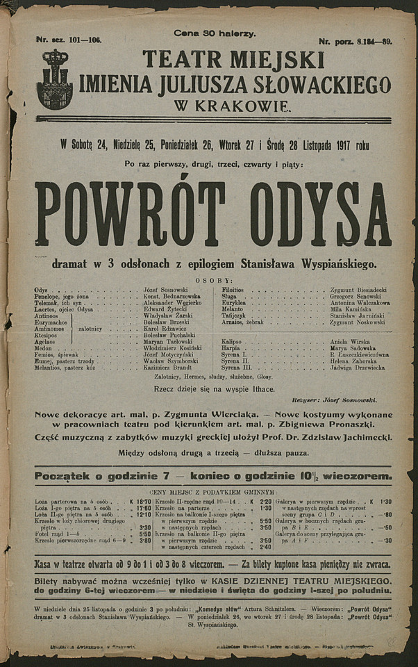 Afisz spektaklu "Powrót Odysa" (autor i inscenizacja: Stanisław Wyspiański, Teatr Miejski, Kraków