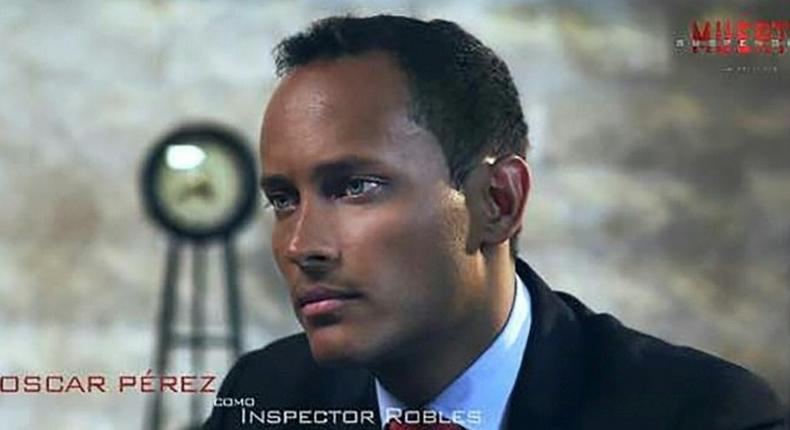 A handout released by the company that produced the movie Suspended Death in which helicopter pilot Oscar Perez played a role. He has been identified as the helicopter pilot responsible for a grenade attack on the Venezuelan Supreme Court