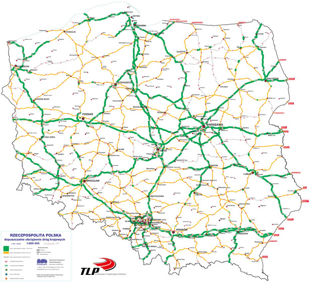 Mapa Polski z drogami o nośnosci 11,5 tony