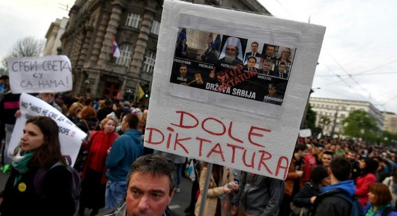 'Down with dictatorship' -- demonstrators accuse Prime Minister Aleksandar Vucic of becoming increasingly authoritarian