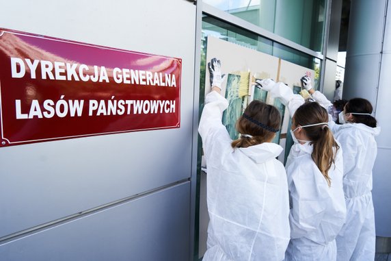 Akcja Greenpeace przed siedzibą dyrekcji Lasów Państwowych w Warszawie