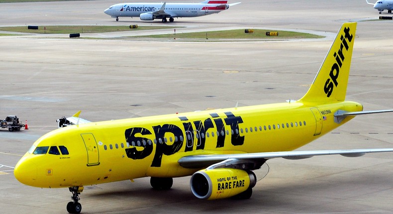 A Spirit Airlines plane at Dallas/Fort Worth International Airport.