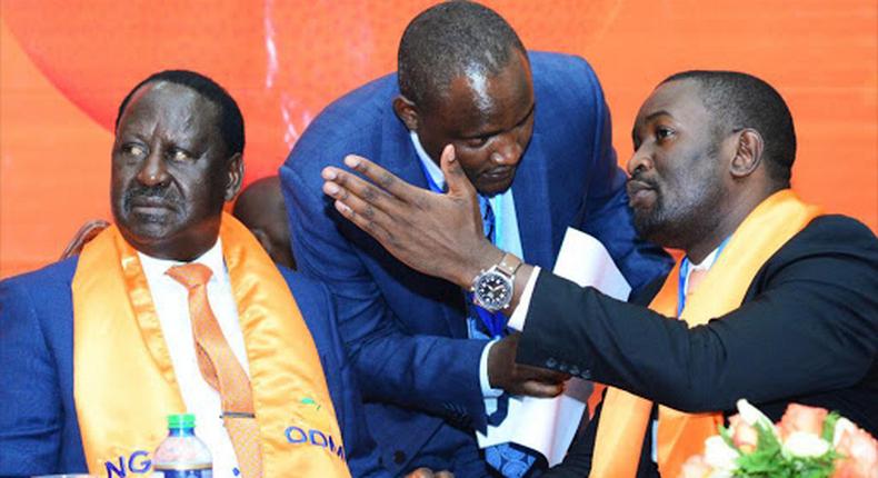 File image of ODM Party leader Raila Odinga, National Chairman John Mbadi and Secretary General Edwin Sifuna