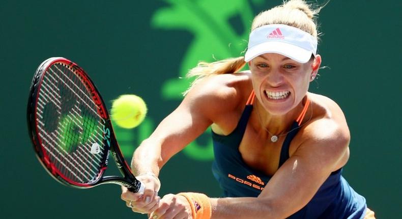 Angelique Kerber of Germany returns a shot against Shelby Rogers on March 26, 2017