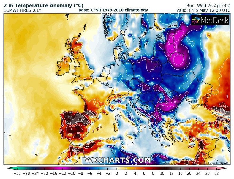 Nieprzyjemne masy powietrza szybko nie odpuszczą wschodniej i środkowej Europie. Temperatura lokalnie będzie o ponad 10 st. C niższa niż wynika z normy!