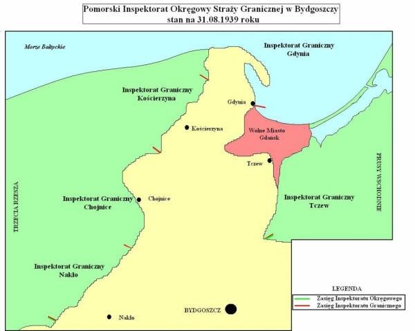 Pomorski Inspektorat Okręgowy Straży Granicznej, stan na 31 sierpnia 1939 r. (aut. Batistuta86, domena publiczna).