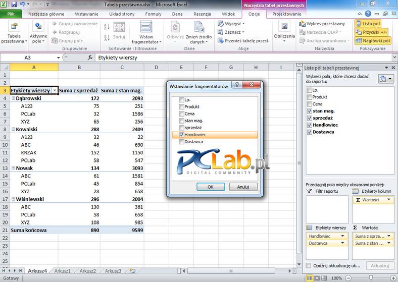 MS Excel 2010 – określanie fragmentatora (kliknij, aby powiększyć)
