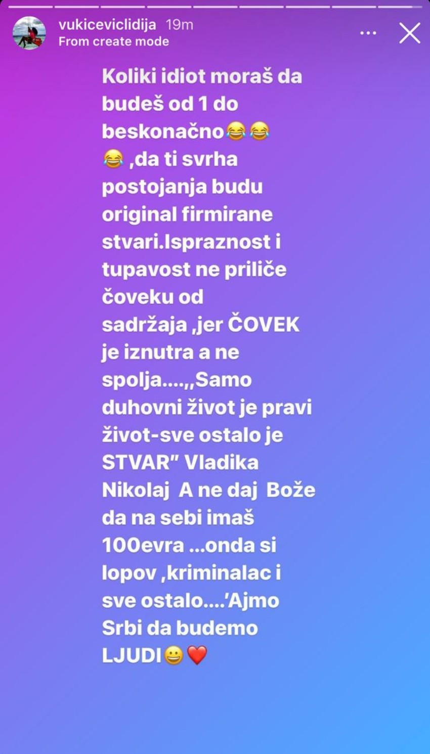 Lidija, objava na Instagramu