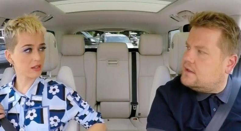 Katy Perry and James Corden on CBS's Carpool Karaoke primetime special.