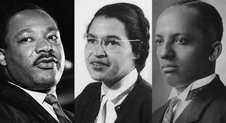 Black History Month recognizes the achievements of Black Americans to US history, including Martin Luther King, Jr., Rosa Parks, and Carter G. Woodson.Bettmann/Getty Images; Don Cravens/Getty Images; Public Domain