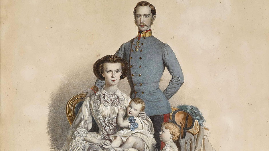 Elżbieta z mężem i dwojgiem dzieci – Gizelą i Rudolfem – na litografii autorstwa Eduarda Kaisera (1856)
