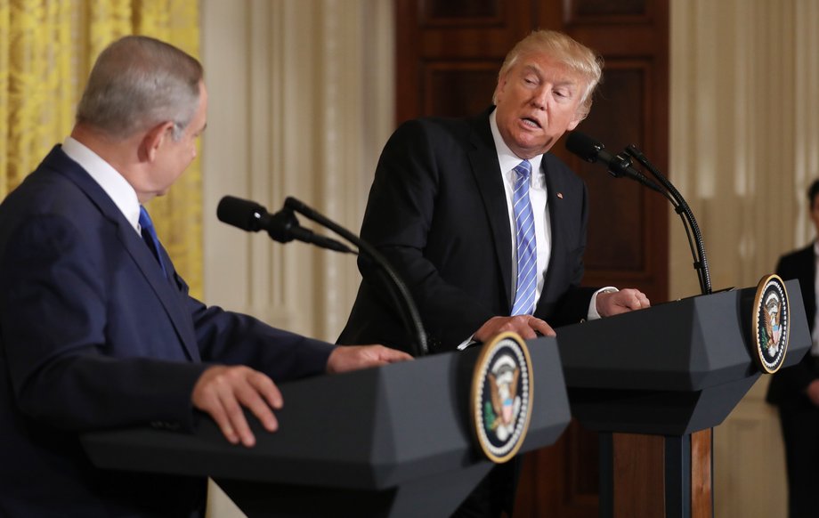 President Donald Trump (R) and Israeli Prime Minister Benjamin Netanyahu hold a joint news conference at the White House in Washington, U.S., February 15, 2017.