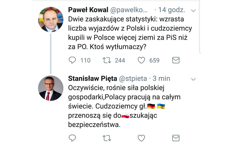 Twitterowa rozmowa mędzy posłem Piętą a Pawłem Kowalem