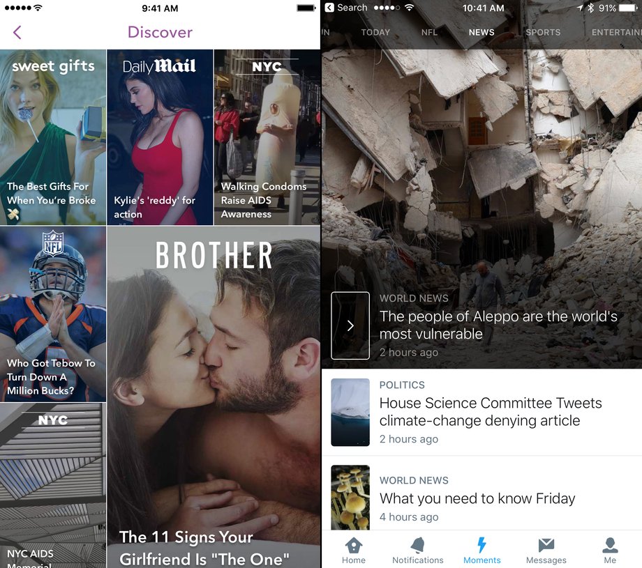 Snapchat's Discover section, left, and Twitter's Moments section both show curated content from outside publishers.