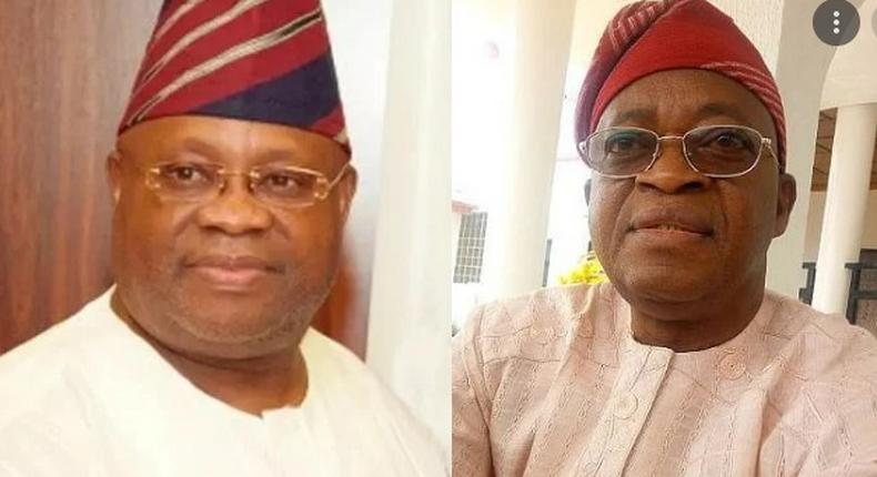 Governorship candidate of the PDP, Ademola Adeleke and Osun state govenor, Adegboyega Oyetola (Punch)