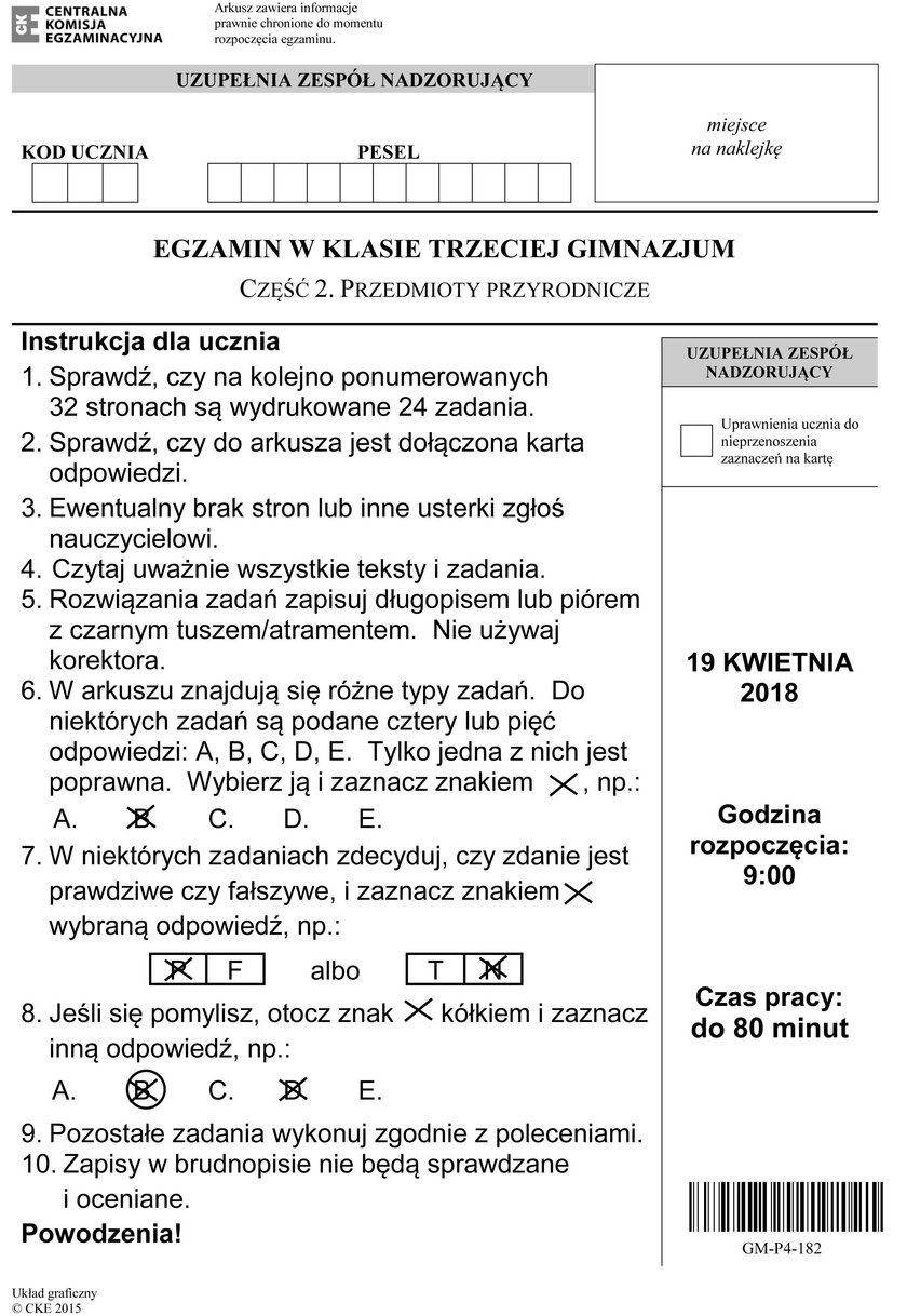 Egzamin Gimnazjalny 2018: Część matematyczno-przyrodnicza. Odpowiedzi i Arkusze CKE