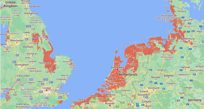 Prognozy zatopienia poszczególnych terenów do 2100 r. w zachodniej Europie, jeśli obecne tempo zmian klimatycznych zostanie zachowane.