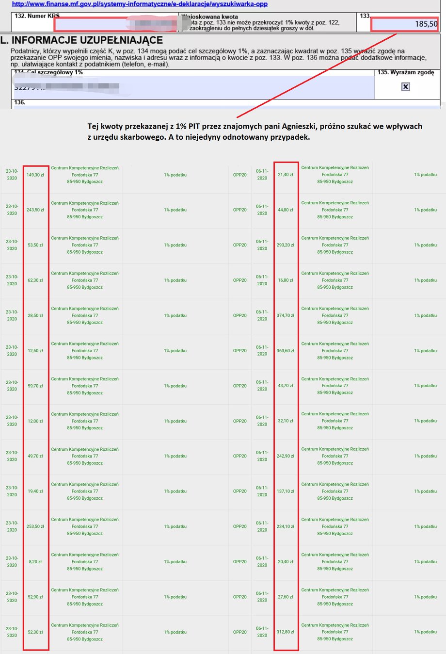 Zdjęcia zeznania podatkowego znajomego pani Agnieszki i zestawienia wpłat z 1 proc. Wśród wpływów nie ma spodziewanej kwoty