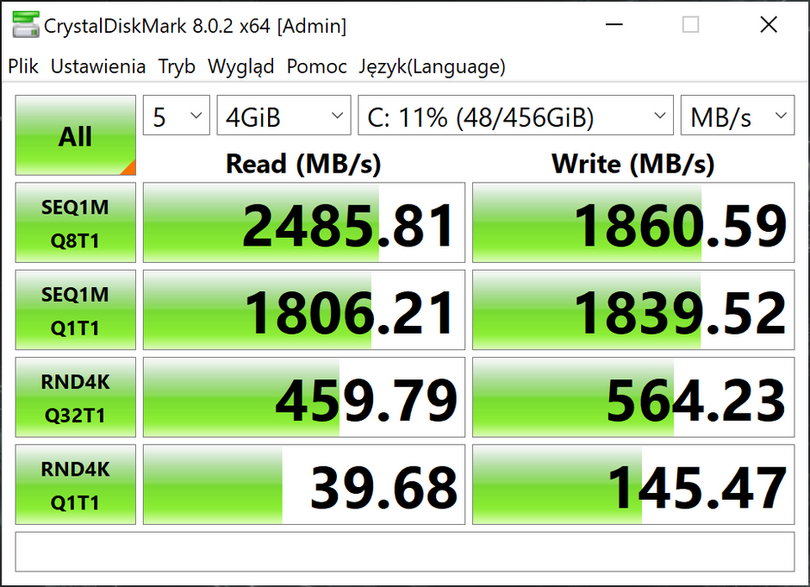 Asus ROG Flow X13 (GV301QE) – CrystalDiskMark 8 – szybkość nośnika SSD