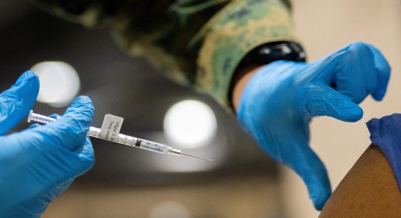 A shot of the Pfizer vaccine at a FEMA vaccination center in Philadelphia.
