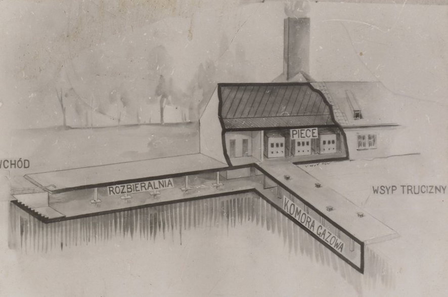 Szkic przedstawiający rekonstrukcję jednej z komór gazowych w Auschwitz-Birkenau Został on przygotowany na powojenną wystawę.