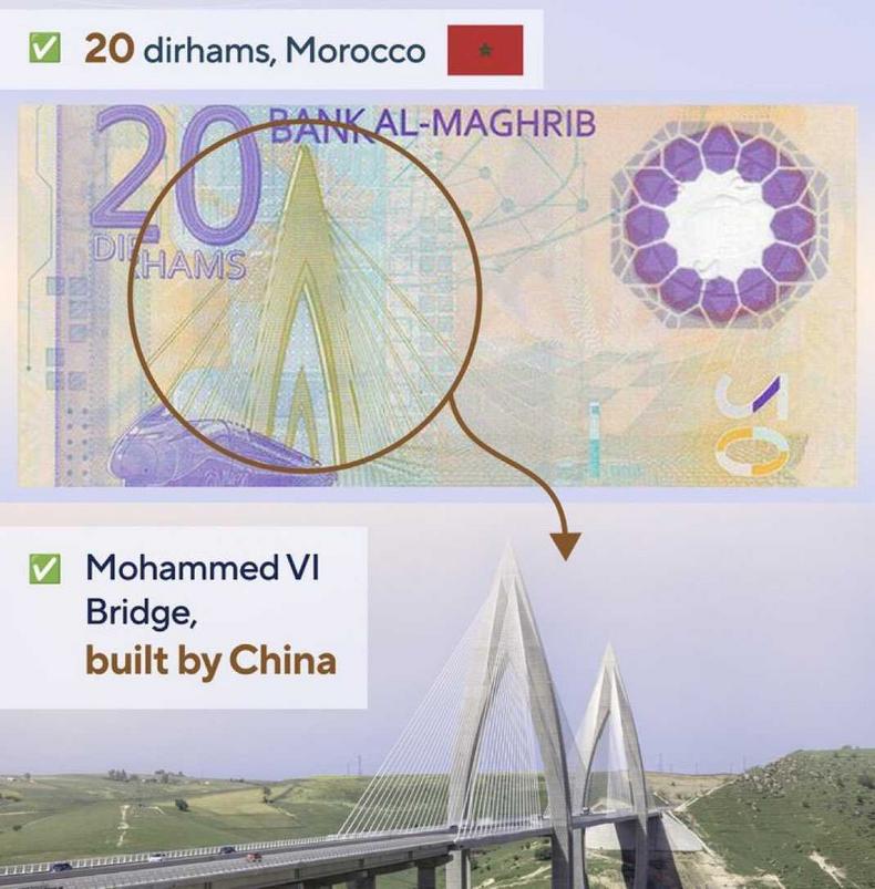 African currencies with photos of Chinese projects